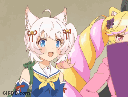 A Girl With White Hair And Blue Eyes Is Standing Next To A Girl With Pink Hair GIF