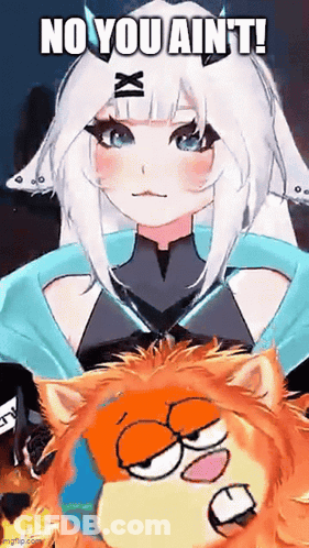 A Girl With White Hair And Blue Eyes Is Standing Next To An Orange Cat With The Words No You Ain 'T On It . GIF