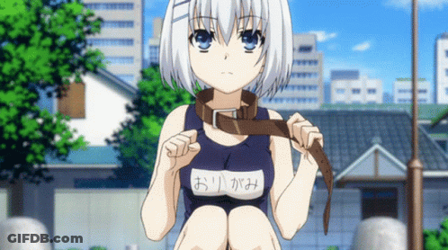 A Girl With White Hair And Blue Eyes Is Wearing A Swimsuit That Says " おりがみ " On The Front GIF