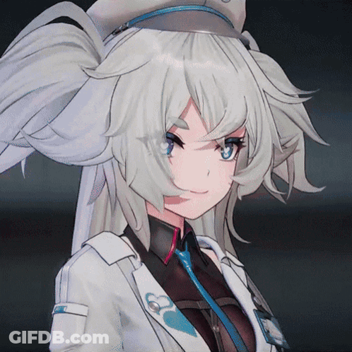 A Girl With White Hair And Blue Eyes Is Wearing A White Jacket And Hat GIF