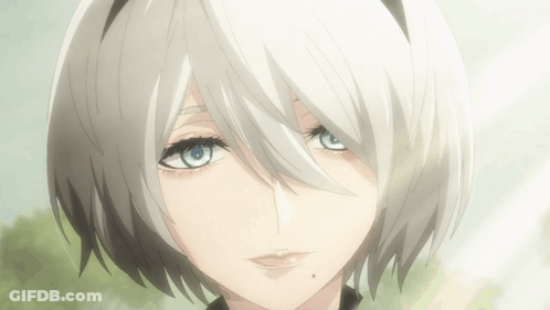A Girl With White Hair And Blue Eyes Looks At The Camera GIF