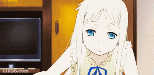 A Girl With White Hair And Blue Eyes Stands In Front Of A Tv GIF