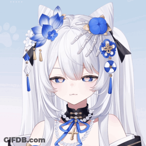 A Girl With White Hair And Blue Flowers On Her Hair GIF
