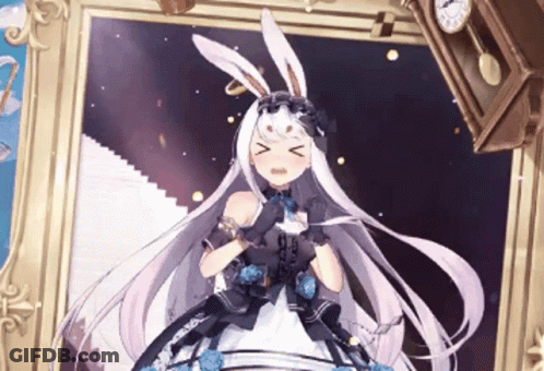 A Girl With White Hair And Bunny Ears Is Standing In Front Of A Picture Frame With A Clock In The Background GIF
