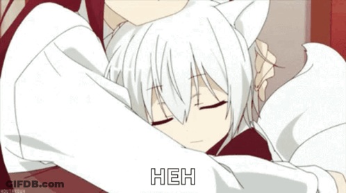 A Girl With White Hair And Cat Ears Is Being Hugged By A Man With The Word Heh Above Her GIF