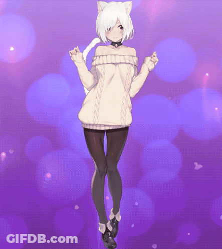 A Girl With White Hair And Cat Ears Wearing A White Sweater GIF