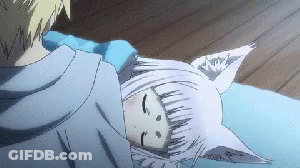 A Girl With White Hair And Ears Is Sleeping On A Bed Next To A Boy . GIF