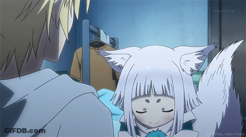 A Girl With White Hair And Ears Looks At A Boy With Blonde Hair GIF