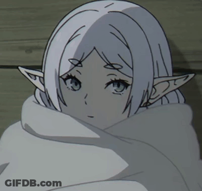 A Girl With White Hair And Elf Ears Is Wrapped In A White Blanket GIF