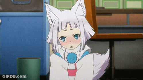 A Girl With White Hair And Fox Ears Is Sitting In Front Of A Chair GIF