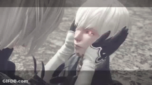 A Girl With White Hair And Gloves Is Looking At Another Girl GIF