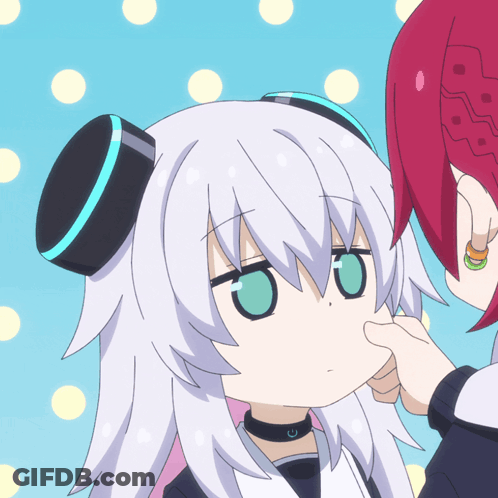 A Girl With White Hair And Green Eyes Is Being Petting By Another Girl With Red Hair GIF