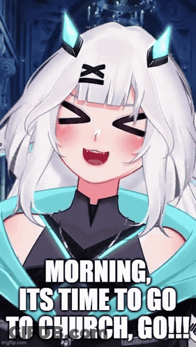 A Girl With White Hair And Horns Says Morning It 'S Time To Go To Church Go GIF