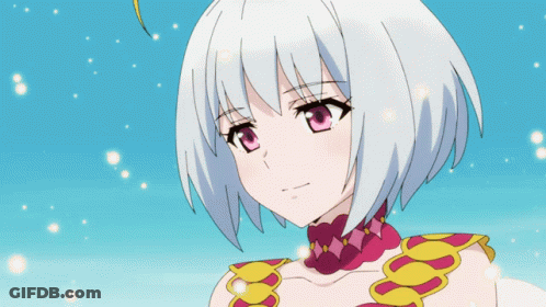 A Girl With White Hair And Pink Eyes Is Wearing A Red And Yellow Top GIF