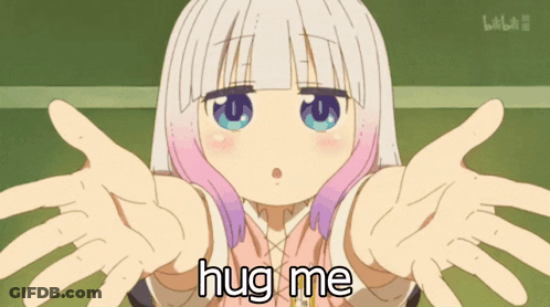 A Girl With White Hair And Pink Highlights Is Hugging Herself With The Words Hug Me Below Her GIF