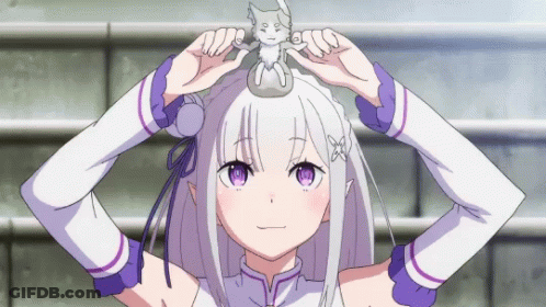 A Girl With White Hair And Purple Eyes Is Holding A Small Figurine On Her Head GIF