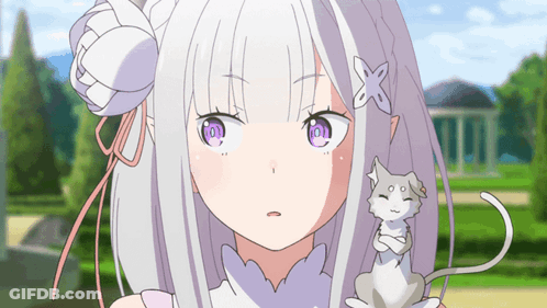 A Girl With White Hair And Purple Eyes Is Holding A Small White Cat GIF