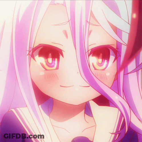 A Girl With White Hair And Purple Eyes Is Smiling GIF