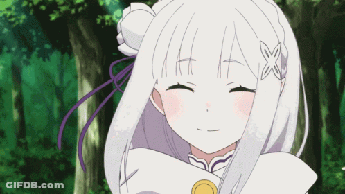 A Girl With White Hair And Purple Ribbons In Her Hair Is Smiling GIF