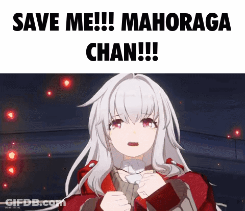 A Girl With White Hair And Red Eyes Is Holding A Piece Of Paper With The Words Save Me Mahoraga Chan Written Above Her . GIF