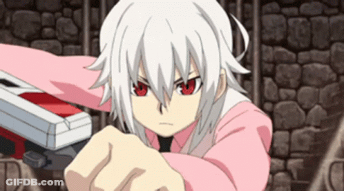 A Girl With White Hair And Red Eyes Is Holding A Red And White Box GIF