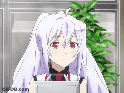 A Girl With White Hair And Red Eyes Is Holding A Tablet GIF