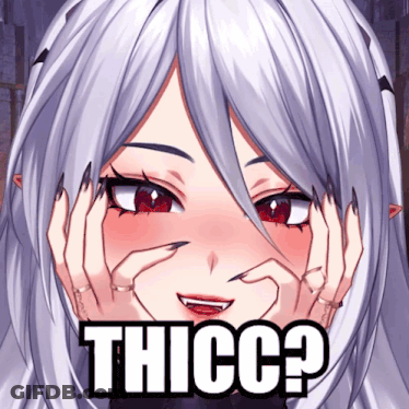 A Girl With White Hair And Red Eyes Is Making A Face With Her Hands And The Words Thicc Written Below Her GIF