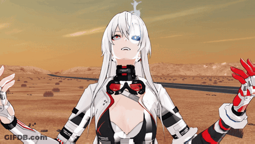 A Girl With White Hair And Red Eyes Is Wearing A Black And White Outfit GIF