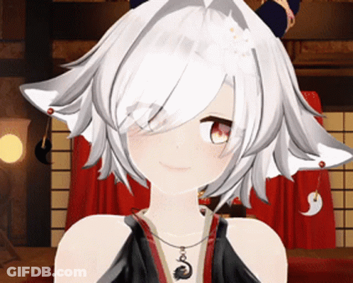 A Girl With White Hair And Red Eyes Is Wearing A Necklace With A Cat On It GIF