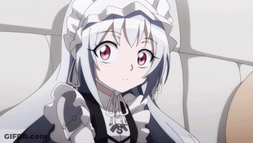 A Girl With White Hair And Red Eyes Is Wearing A White Maid Outfit GIF