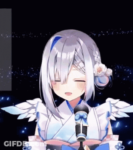 A Girl With White Hair And Wings Is Holding A Microphone . GIF