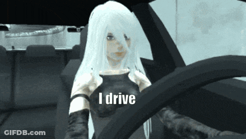 A Girl With White Hair Is Driving A Car And The Words I Drive Are Above Her GIF