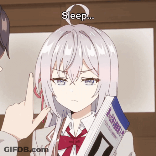 A Girl With White Hair Is Holding A Book That Says " Sleep " GIF