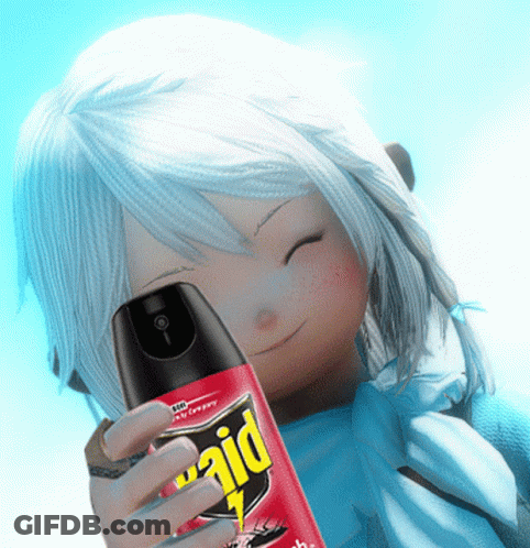 A Girl With White Hair Is Holding A Can Of Raid Bug Spray GIF
