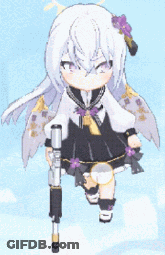 A Girl With White Hair Is Holding A Gun In Her Hand GIF