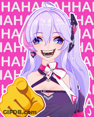 A Girl With White Hair Is Pointing At The Camera With A Pink Background That Says Hah GIF