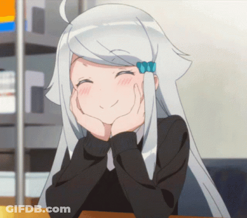 A Girl With White Hair Is Smiling With Her Hands On Her Chin GIF