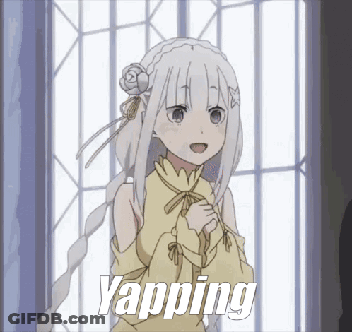 A Girl With White Hair Is Standing In Front Of A Window With The Word Yapping Above Her GIF