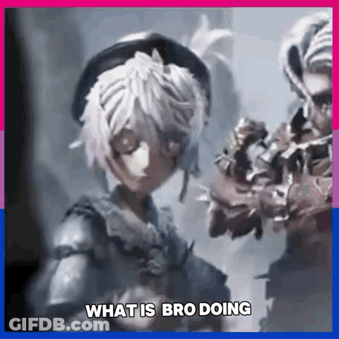 A Girl With White Hair Is Standing Next To A Man With A Sword In A Video Game . GIF