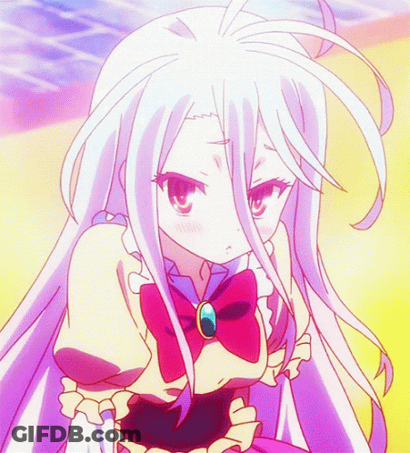 A Girl With White Hair Is Wearing A Pink Bow And A Purple Dress GIF