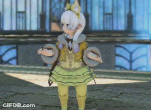A Girl With White Hair Is Wearing A Yellow And White Outfit GIF