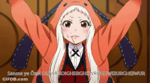 A Girl With White Hair Is Wearing An Orange Jacket With A Rabbit Hood GIF