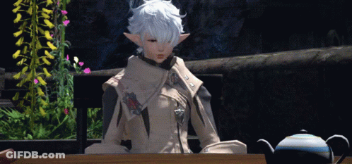 A Girl With White Hair Sits At A Table With A Teapot GIF