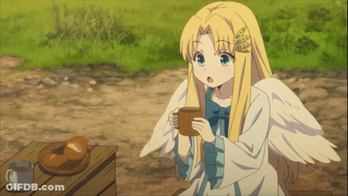 A Girl With Wings Holds A Cup Of Coffee GIF