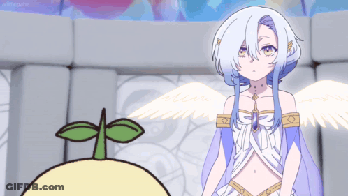 A Girl With Wings Is Standing Next To A Plant GIF