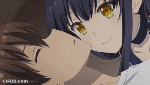 A Girl With Yellow Eyes Is Kissing A Boy GIF