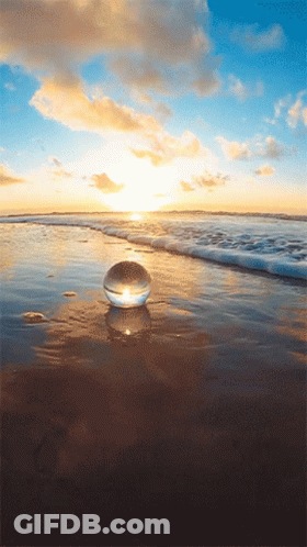 A Glass Ball Sits On The Beach Near The Water GIF