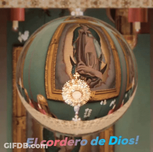 A Glass Ball With A Picture Of Jesus And The Words El Cordero De Dios On It GIF