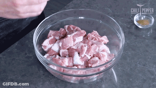 A Glass Bowl Filled With Chopped Meat Next To A Small Bowl Of Spices And A Chili Pepper Logo GIF