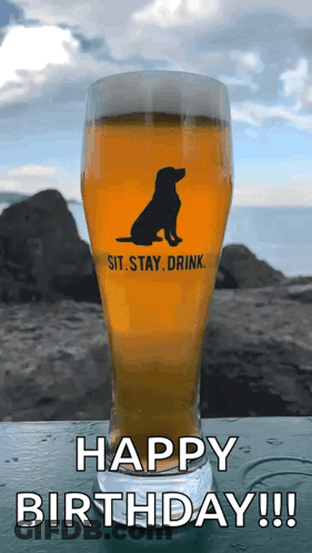 A Glass Of Beer With A Dog On It And The Words `` Sit , Stay , Drink '' Written On It . GIF